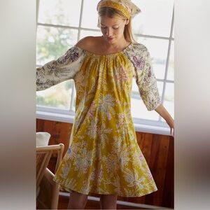 Anthropologie Daily Practice Mollie Yellow Floral 3/4 Sleeve Tunic Dress small